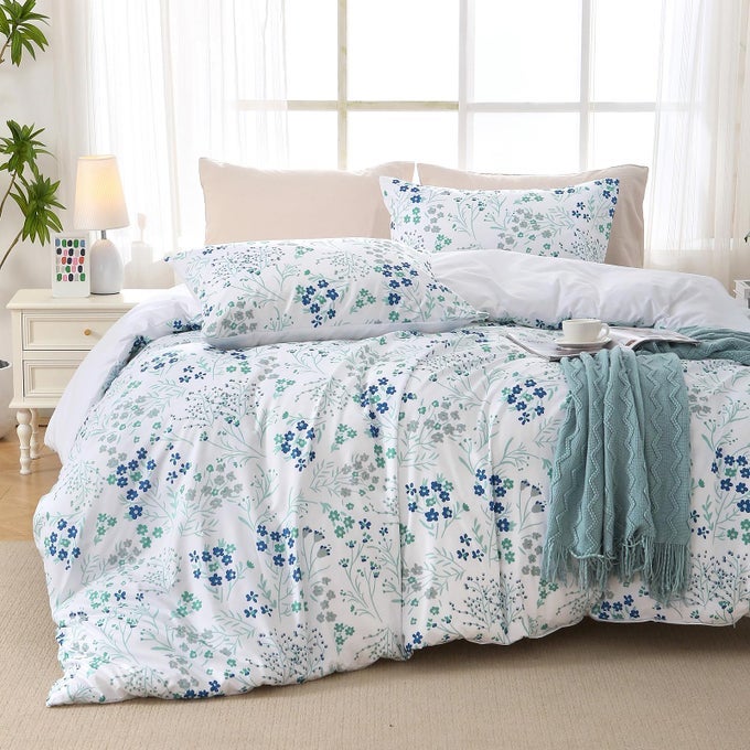 DUVET COVER QUEEN SIZE REVERSIBLE FLORAL VINTAGE DUVET COVER SET WITH ZIPPER CLOSURE 3 PIECES BOTANICAL PATTERNS SOFT MICROFIBER BEDDING SET 90X90 2 PILLOW CASES SMALL BLUE FLOWER