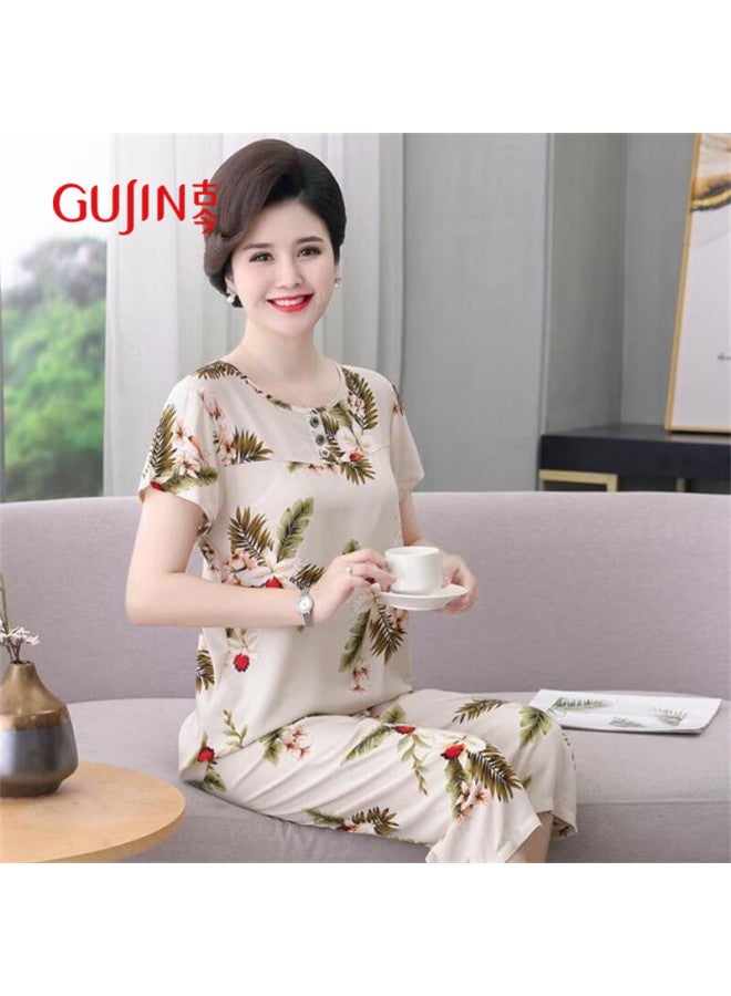 Gujin Summer New Arrival Mother's Cotton Silk Pajamas Women Middle-aged And Elderly Plus Size Short-sleeved Thin Style Can Be Worn Outside Cool Feeling Home Wear - Image 2