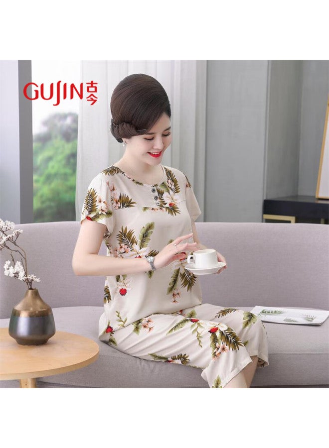 Gujin Summer New Arrival Mother's Cotton Silk Pajamas Women Middle-aged And Elderly Plus Size Short-sleeved Thin Style Can Be Worn Outside Cool Feeling Home Wear - Image 3