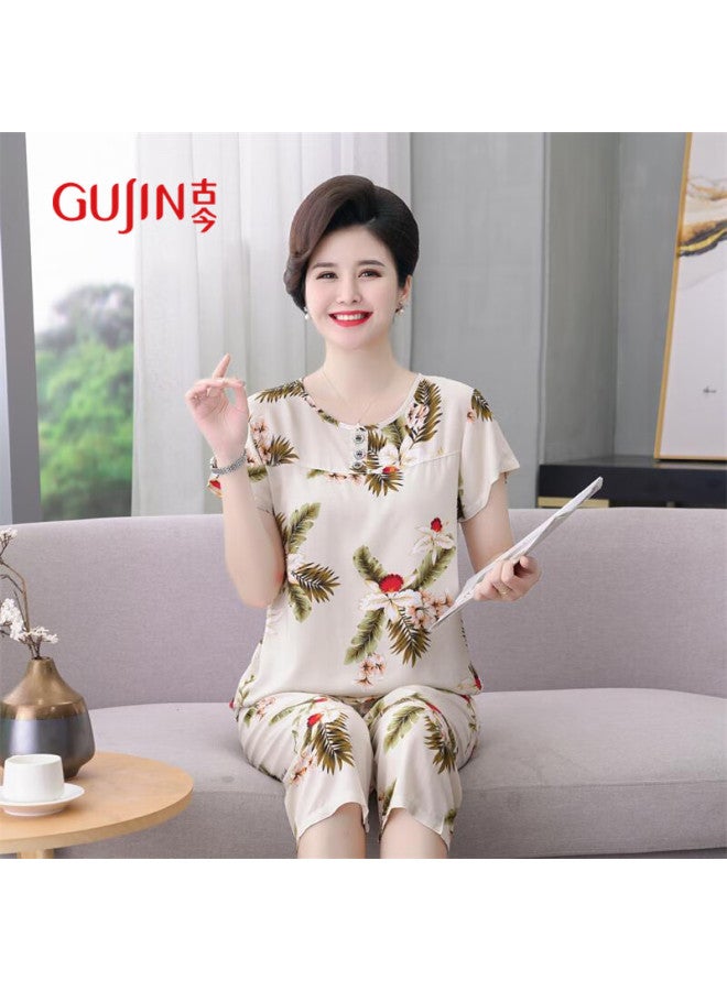 Gujin Summer New Arrival Mother's Cotton Silk Pajamas Women Middle-aged And Elderly Plus Size Short-sleeved Thin Style Can Be Worn Outside Cool Feeling Home Wear - Image 1