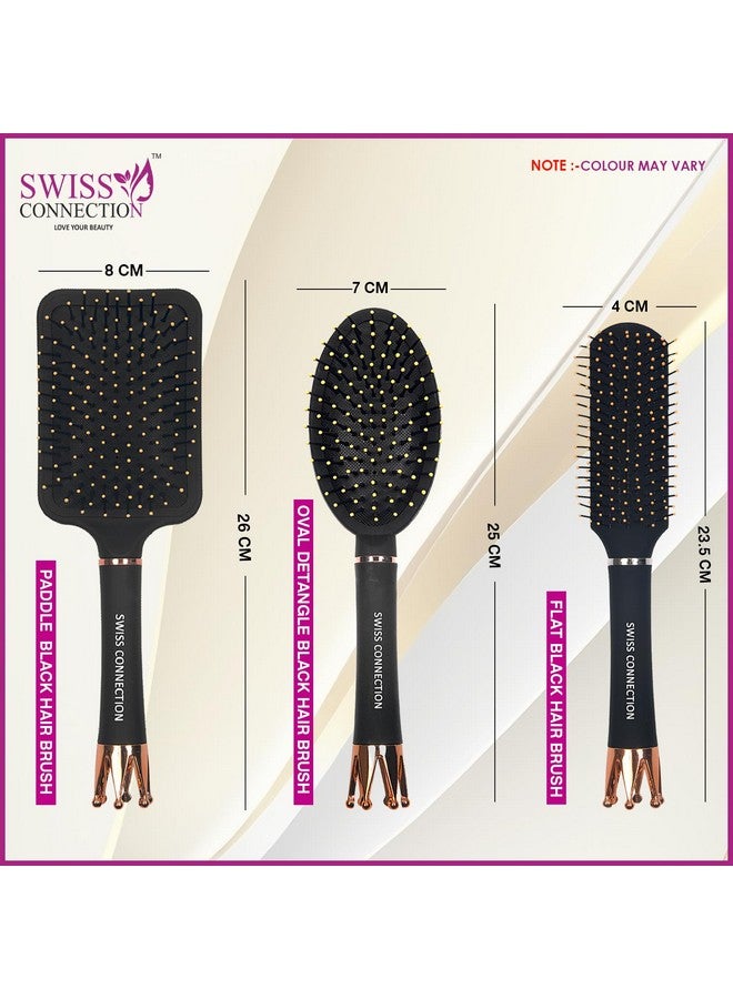 Swiss Connection Paddle Royal Black Brush ,Oval Detangle Royal Brush With Flat Royal Black Brush | Crown Shaped Handle For Stand Hair Brush Flexible Bristles | Professional Hair Brush | Durability | Hair Care Non-Slip Grip | For Women & Men use( Pack Of 3) - Image 2