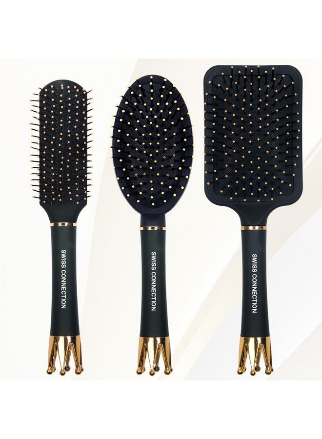 Swiss Connection Paddle Royal Black Brush ,Oval Detangle Royal Brush With Flat Royal Black Brush | Crown Shaped Handle For Stand Hair Brush Flexible Bristles | Professional Hair Brush | Durability | Hair Care Non-Slip Grip | For Women & Men use( Pack Of 3) - Image 1