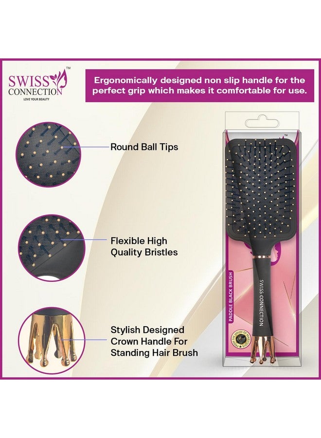 Swiss Connection Paddle Royal Black Brush ,Oval Detangle Royal Brush With Flat Royal Black Brush | Crown Shaped Handle For Stand Hair Brush Flexible Bristles | Professional Hair Brush | Durability | Hair Care Non-Slip Grip | For Women & Men use( Pack Of 3) - Image 4