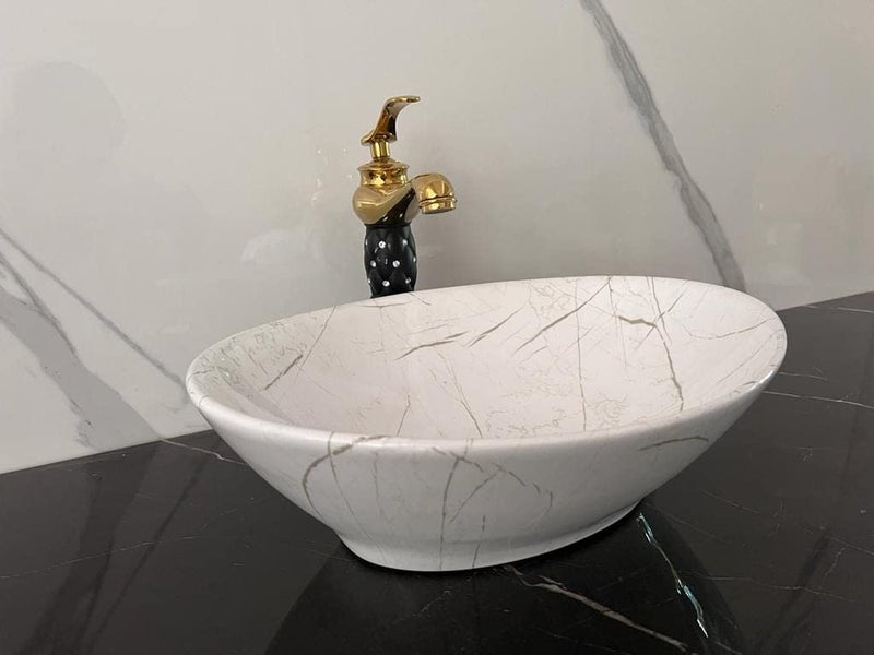 NEROBI حوض غسيل سيراميك نيروبي بتصميم لامع مع حافة رفيعة وقابل للطي بشكل جميل، حوض غسيل بيضاوي الشكل بتصميم لامع أبيض 16 × 13 × 5 بوصة - Image 1