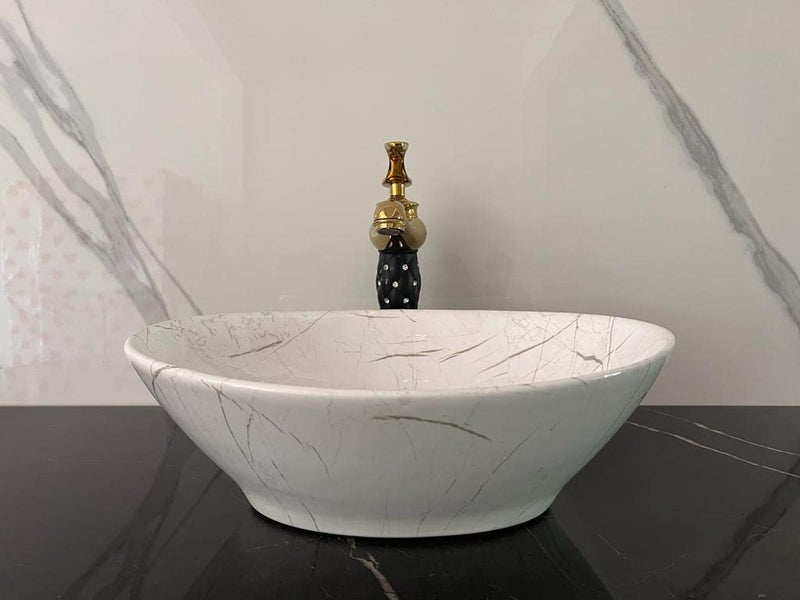 NEROBI حوض غسيل سيراميك نيروبي بتصميم لامع مع حافة رفيعة وقابل للطي بشكل جميل، حوض غسيل بيضاوي الشكل بتصميم لامع أبيض 16 × 13 × 5 بوصة - Image 3