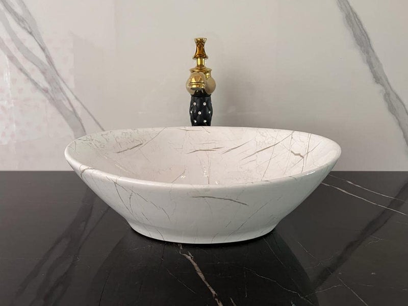 NEROBI حوض غسيل سيراميك نيروبي بتصميم لامع مع حافة رفيعة وقابل للطي بشكل جميل، حوض غسيل بيضاوي الشكل بتصميم لامع أبيض 16 × 13 × 5 بوصة - Image 2