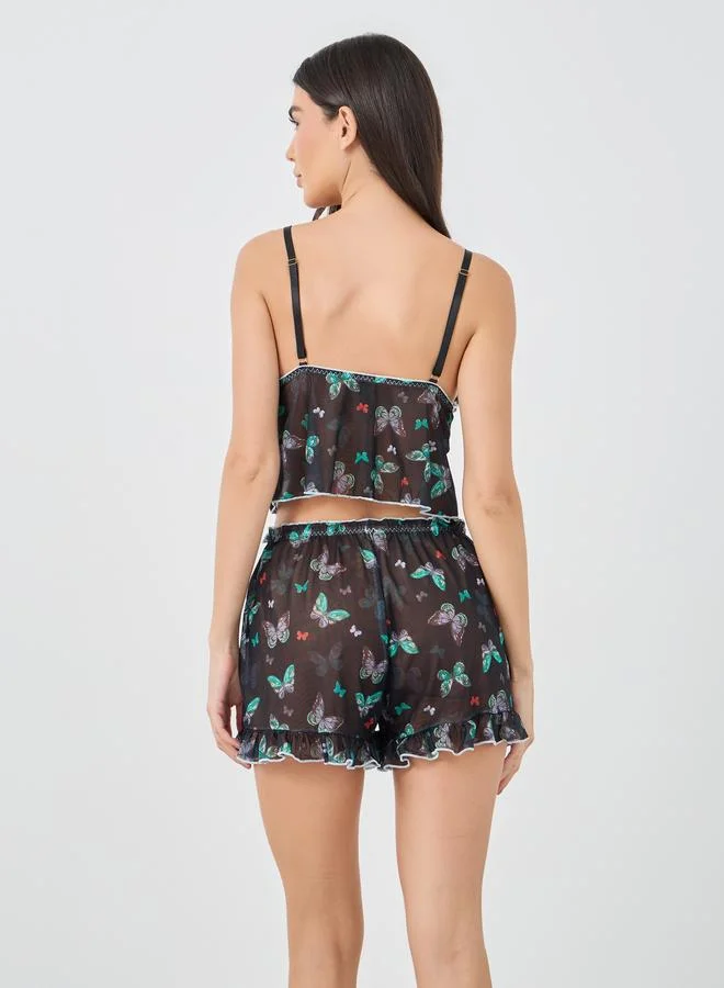 Styli Styli Butterfly Print Ruffle Trim Crop Top and Shorts Set