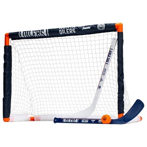 Franklin Sports NHL Edmonton Oilers NHL Team Mini Hockey Set Kids Indoor Knee Hockey Goal Ball2 Mini Stick Combo Ages 3 - Image 1