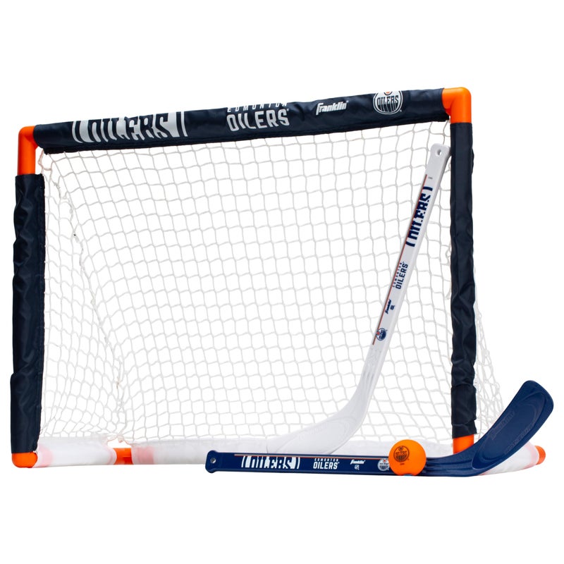 Franklin Sports NHL Edmonton Oilers NHL Team Mini Hockey Set Kids Indoor Knee Hockey Goal Ball2 Mini Stick Combo Ages 3 - Image 2