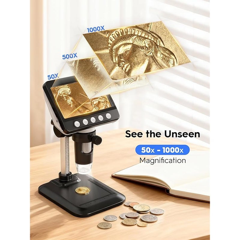 مجهر رقمي من دبليو كيه ار، 4.3 انش LCD USB، مكبر عملة خطأ 1080P مع 8 مصابيح LED قابلة للتعديل، عرض الكمبيوتر، متوافق مع ويندوز للبالغين والاطفال - Image 2