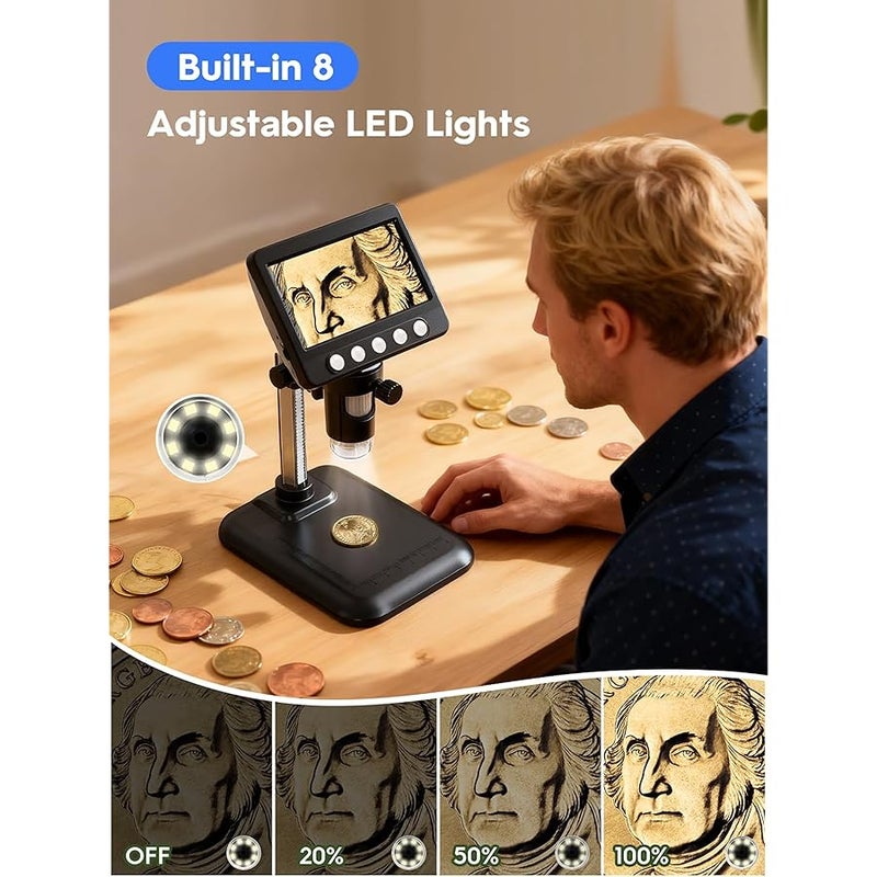 مجهر رقمي من دبليو كيه ار، 4.3 انش LCD USB، مكبر عملة خطأ 1080P مع 8 مصابيح LED قابلة للتعديل، عرض الكمبيوتر، متوافق مع ويندوز للبالغين والاطفال - Image 3