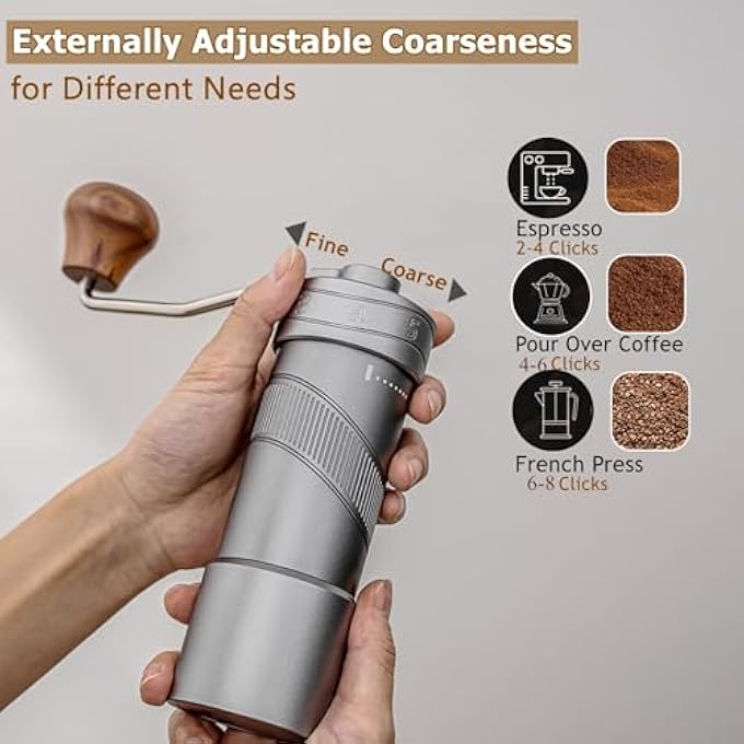 Gocoffun مطحنة قهوة يدوية من الفولاذ المقاوم للصدأ مع شفرة مخروطية، إعداد طحن خارجي دقيق رقمي، مناسبة للإسبريسو والقهوة الفرنسية المضغوطة، رمادي - Image 2