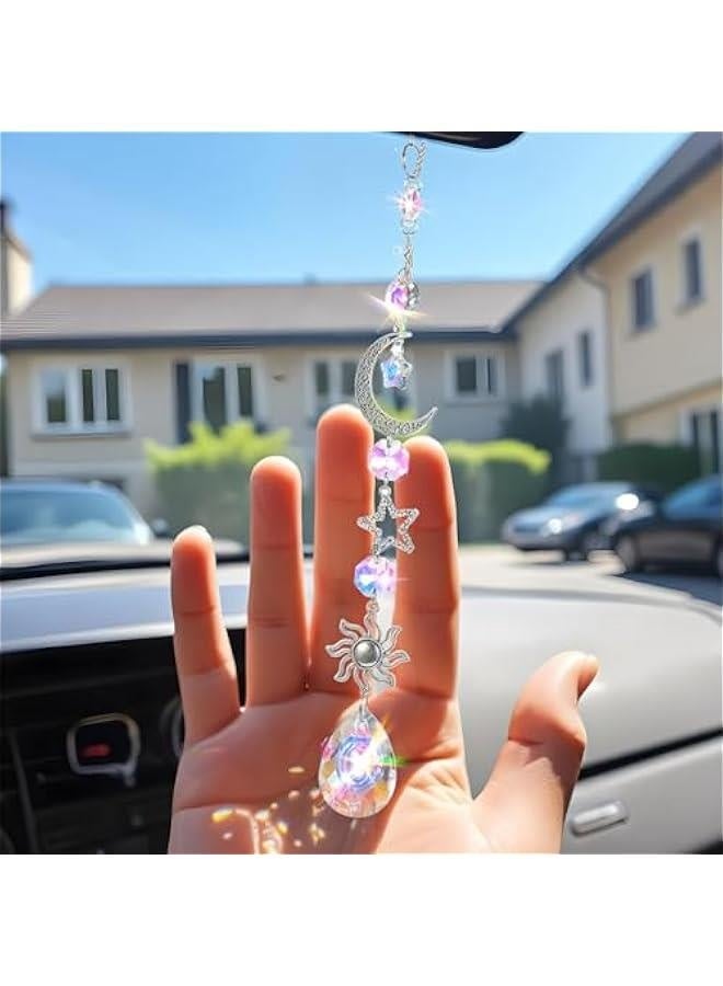 Moon and Star Rear View Mirror Charm, Crystal Boho Car Hanging Decor Cute Suncatcher Healing Car Ornaments Car Mirror Accessories for Women Men (B) - Image 1