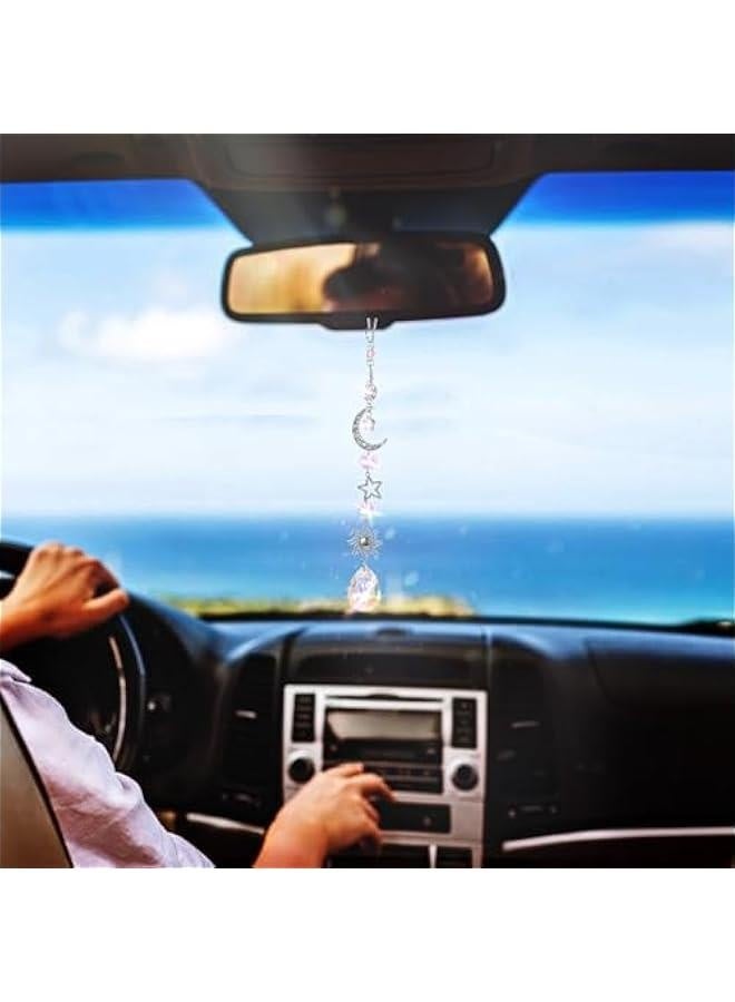 Moon and Star Rear View Mirror Charm, Crystal Boho Car Hanging Decor Cute Suncatcher Healing Car Ornaments Car Mirror Accessories for Women Men (B) - Image 3