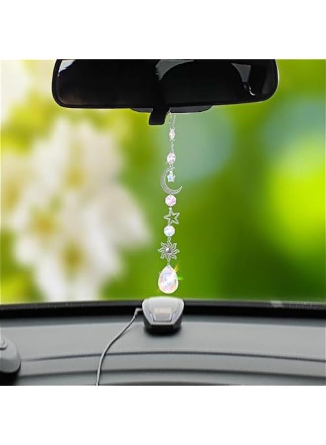 Moon and Star Rear View Mirror Charm, Crystal Boho Car Hanging Decor Cute Suncatcher Healing Car Ornaments Car Mirror Accessories for Women Men (B) - Image 5