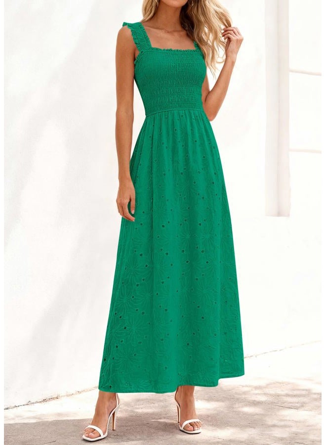 KIRUNDO Women Eyelet Summer Maxi Dress 2026 Spring Boho Lace Cotton Smocked Sleeveless Square Neck Beach Vacation Sundress, Green, S - Image 3