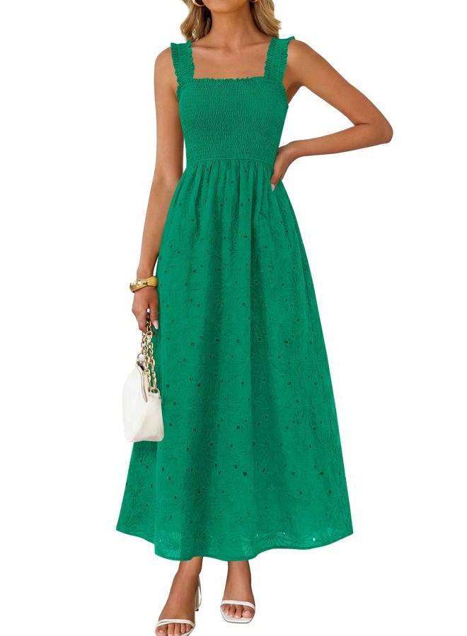 KIRUNDO Women Eyelet Summer Maxi Dress 2026 Spring Boho Lace Cotton Smocked Sleeveless Square Neck Beach Vacation Sundress, Green, S - Image 1