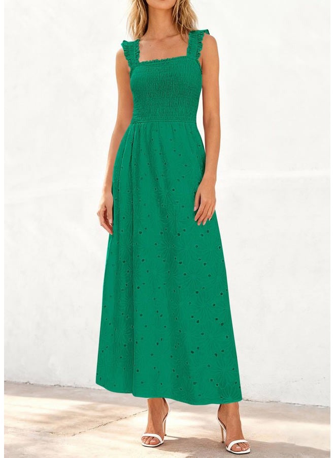 KIRUNDO Women Eyelet Summer Maxi Dress 2026 Spring Boho Lace Cotton Smocked Sleeveless Square Neck Beach Vacation Sundress, Green, S - Image 2