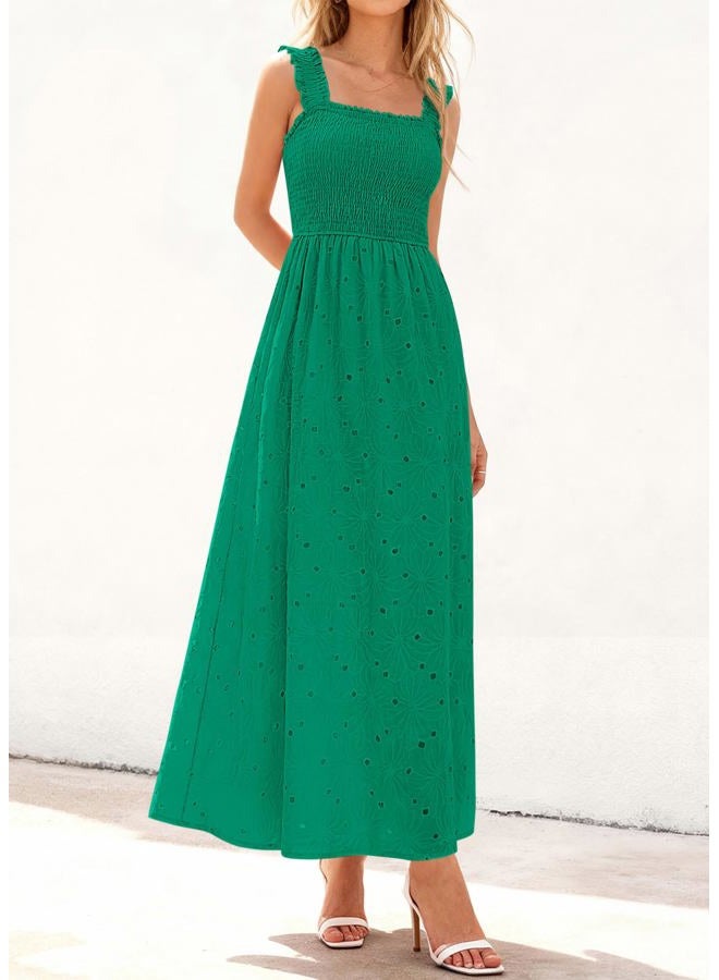 KIRUNDO Women Eyelet Summer Maxi Dress 2026 Spring Boho Lace Cotton Smocked Sleeveless Square Neck Beach Vacation Sundress, Green, S - Image 5