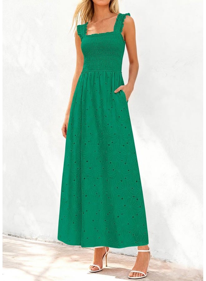 KIRUNDO Women Eyelet Summer Maxi Dress 2026 Spring Boho Lace Cotton Smocked Sleeveless Square Neck Beach Vacation Sundress, Green, S - Image 4