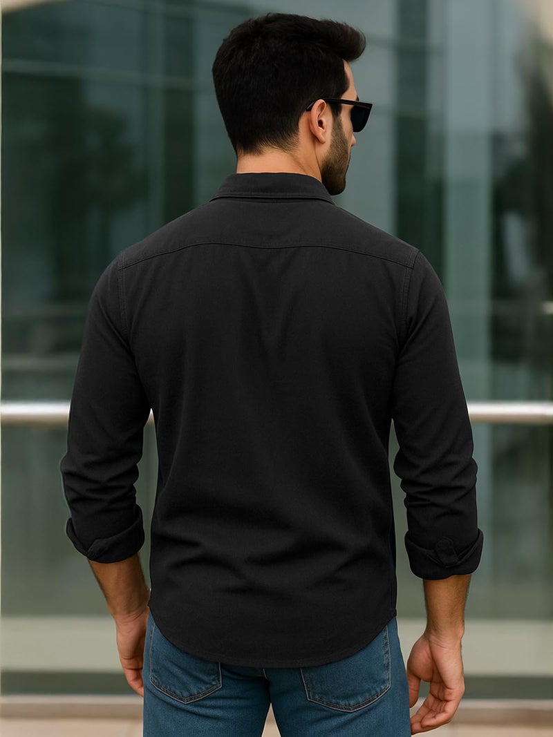 Veirdo® Men's Pure Cotton Utility Shirt | Full Sleeve Casual Button-Down with Dual Chest Pockets | Stylish & Comfortable Everyday Wear | VD_FS_RC_SH_BK_L Black - Image 3