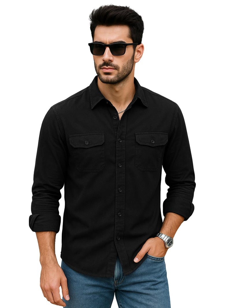 Veirdo® Men's Pure Cotton Utility Shirt | Full Sleeve Casual Button-Down with Dual Chest Pockets | Stylish & Comfortable Everyday Wear | VD_FS_RC_SH_BK_L Black - Image 1