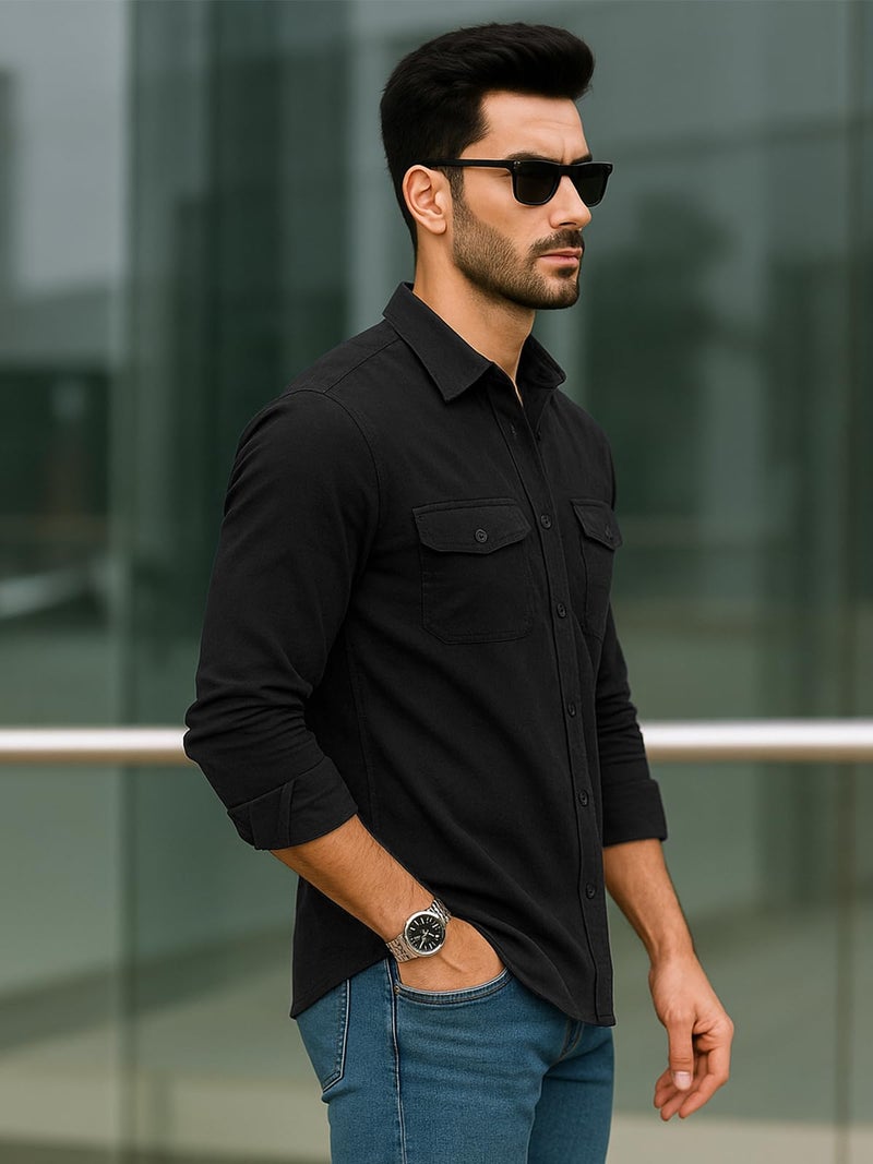 Veirdo® Men's Pure Cotton Utility Shirt | Full Sleeve Casual Button-Down with Dual Chest Pockets | Stylish & Comfortable Everyday Wear | VD_FS_RC_SH_BK_L Black - Image 4