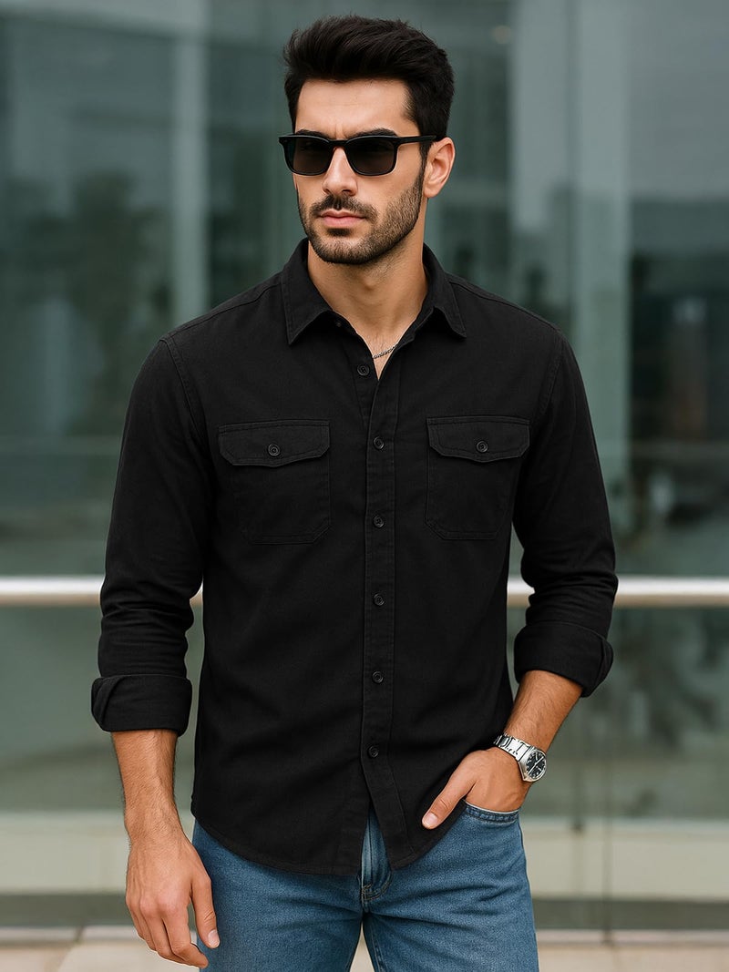 Veirdo® Men's Pure Cotton Utility Shirt | Full Sleeve Casual Button-Down with Dual Chest Pockets | Stylish & Comfortable Everyday Wear | VD_FS_RC_SH_BK_L Black - Image 2