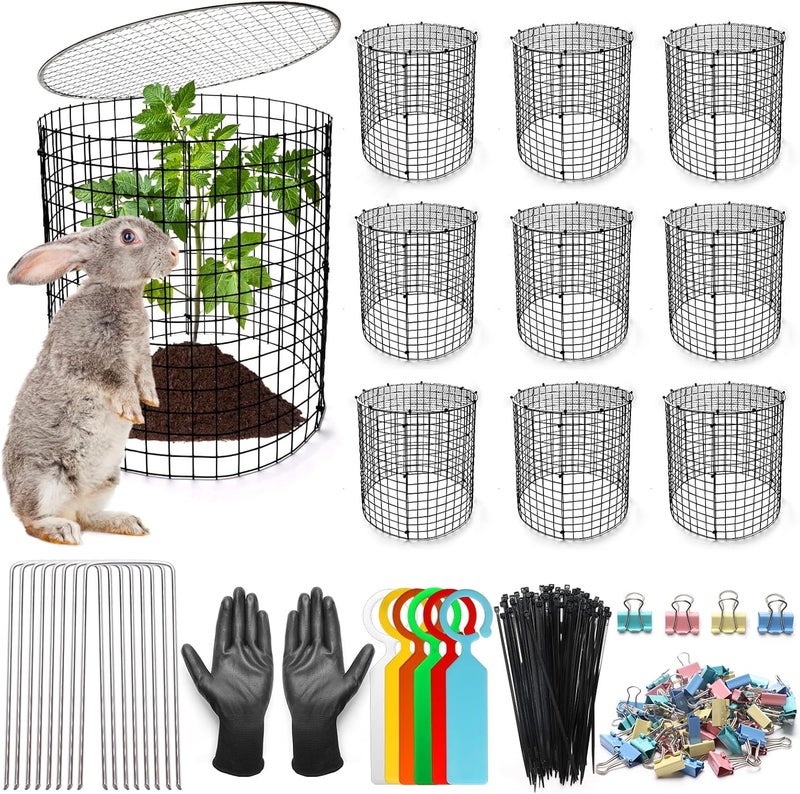 Ahier 10 PCS Chicken Wire Plant Protector from Animals with Covers, Plant Cages for Outdoor Plants to Keep Animals Out Including 30pcs Pre-Bent Metal Mesh, Ground Stakes, Labels, Clip, Ties and Gloves - Image 1