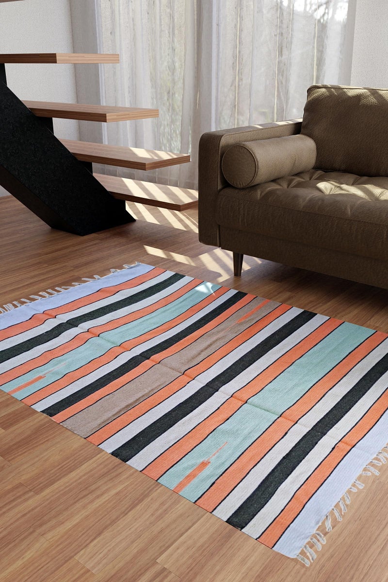 Arvore 100% Cotton Striped Rectangular Carpet/Satranji/Rug/Dari/Galicha Multicolour (6ft x 4ft) - Image 1