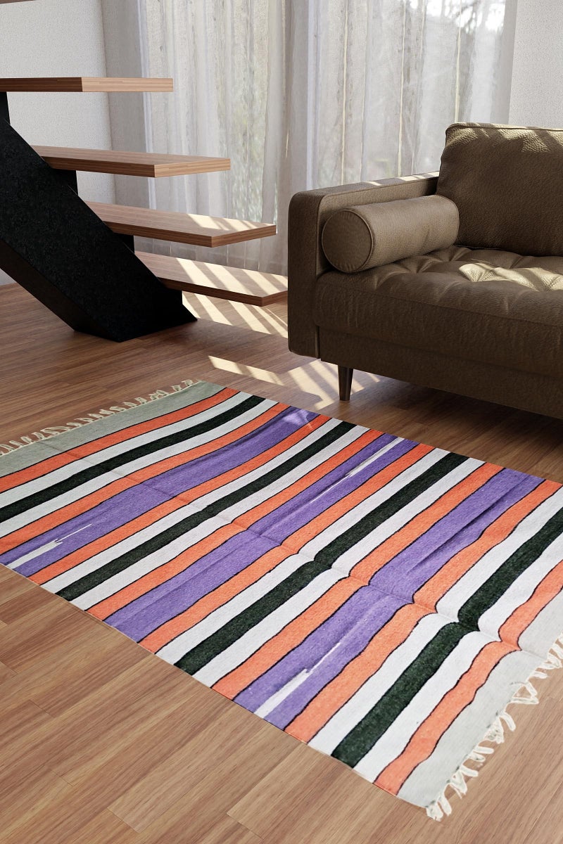 Arvore 100% Cotton Striped Rectangular Carpet/Satranji/Rug/Dari/Galicha Multicolour (6ft x 4ft) - Image 2