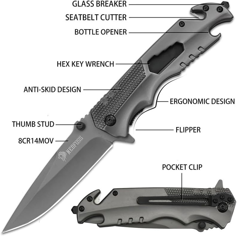 NedFoss FA48 Pocket Knife for Men with Bottle Opener, Glass Breaker, Seatbelt Cutter and Wrench, 5-in-1 Multitool Folding/Survival Knife for Emergency Rescue Situations, Home Improvements - Image 3