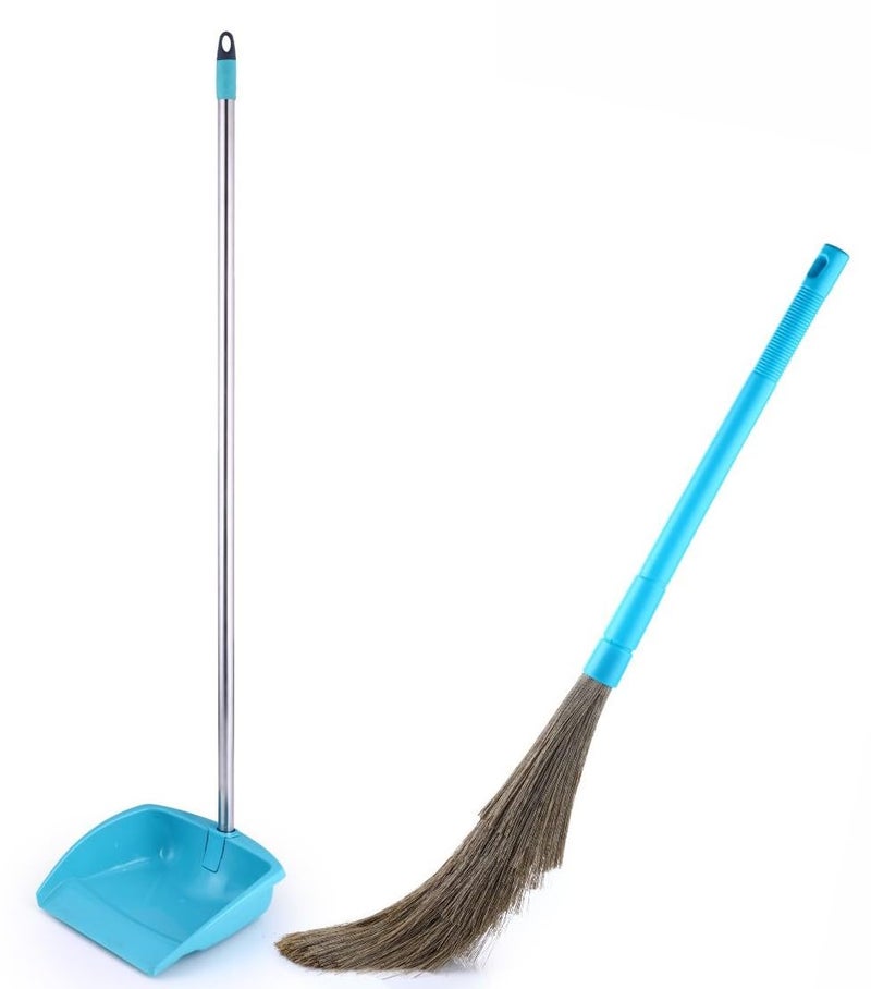 Homeor Dustpan and Broom Set with Long Telescopic Handle for Dustpan & No-Dust Washable Broom, Dust Pan Set, Cleaning Combo Set, 2 Piece Set, Blue - Image 1