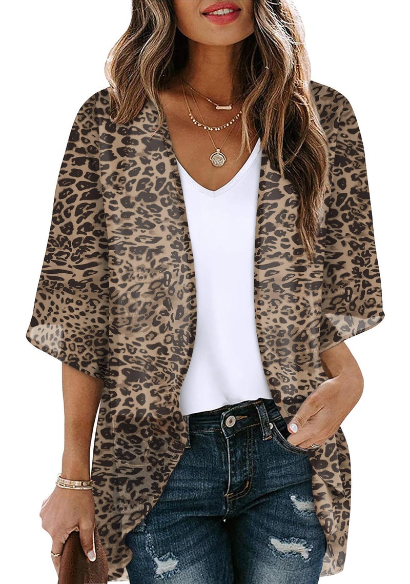 OFEEFAN Summer Tops for Women 3/4 Sleeve Swimsuit Coverup for Women Kimono Cardigans Flowy Leopard XXL - Image 1