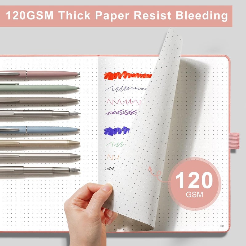 EMSHOI A5 Notebook Dotted Journal - 120gsm Thick Paper, Hardcover Leather Dot Grid Notebook for Bullet Journaling with 128 Pages, Journal Stencils, Inner Pocket, 21 x 14.5 cm, Pink - Image 2