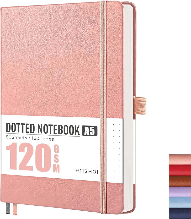 EMSHOI A5 Notebook Dotted Journal - 120gsm Thick Paper, Hardcover Leather Dot Grid Notebook for Bullet Journaling with 128 Pages, Journal Stencils, Inner Pocket, 21 x 14.5 cm, Pink - Image 1