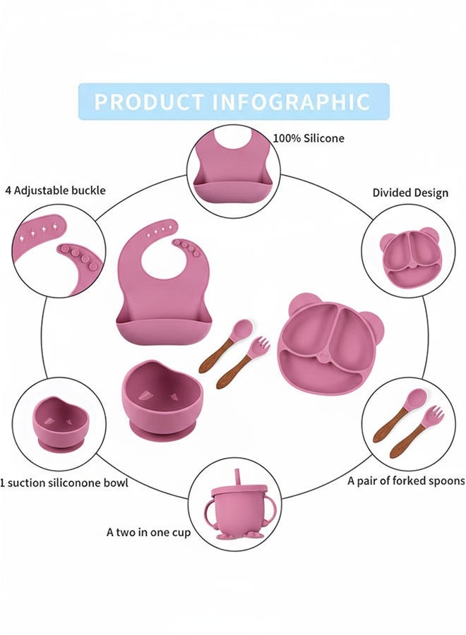 Sharpdo Silicone Baby Tableware Set, 6 Piece Baby Feeding Set with Suction Bowl and Divided Plate, Sippy Cup, Wooden Spoon and Fork, Toddler  Led Weaning Supplies with Adjustable Soft Silicone Bib - Image 2