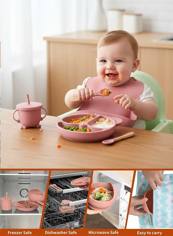 Sharpdo Silicone Baby Tableware Set, 6 Piece Baby Feeding Set with Suction Bowl and Divided Plate, Sippy Cup, Wooden Spoon and Fork, Toddler  Led Weaning Supplies with Adjustable Soft Silicone Bib - Image 3