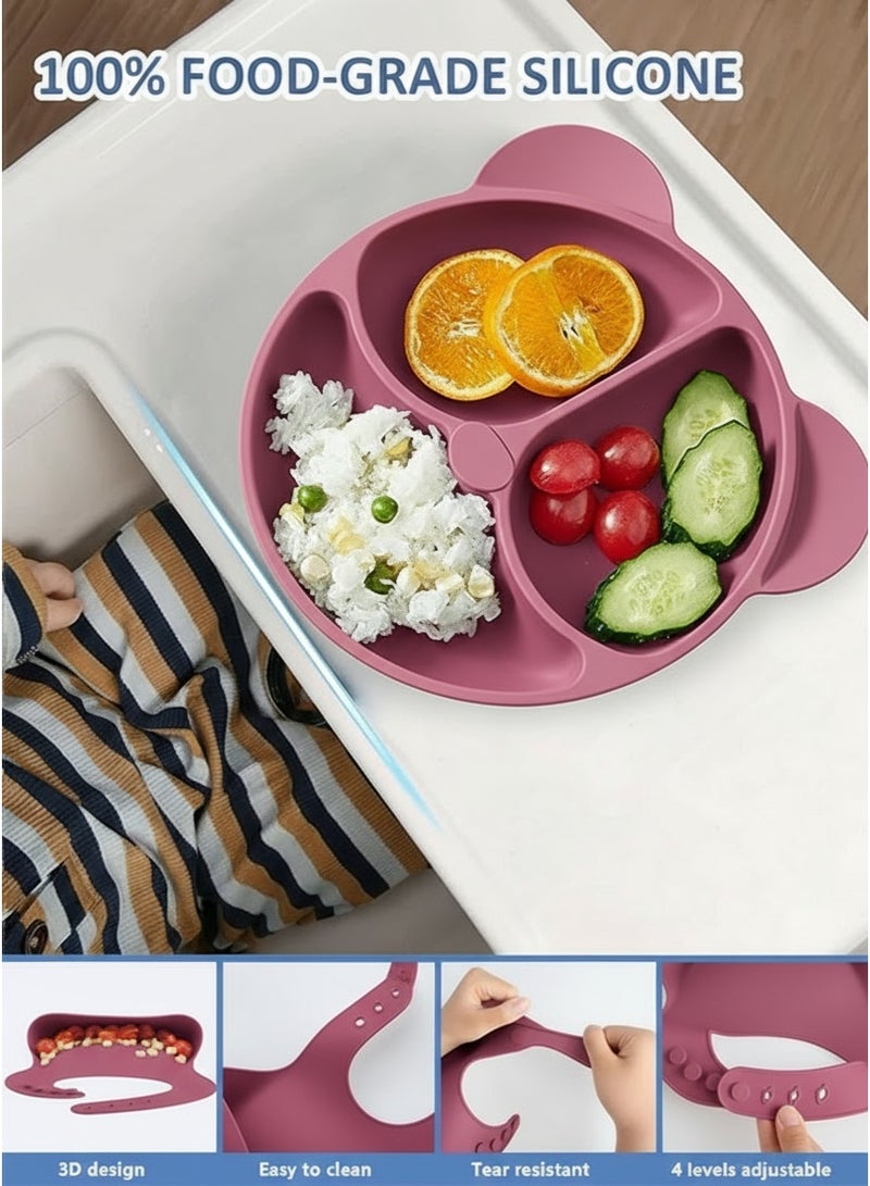 Sharpdo Silicone Baby Tableware Set, 6 Piece Baby Feeding Set with Suction Bowl and Divided Plate, Sippy Cup, Wooden Spoon and Fork, Toddler  Led Weaning Supplies with Adjustable Soft Silicone Bib - Image 4