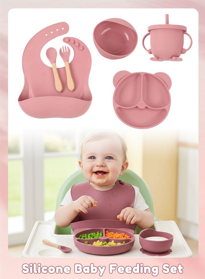 Sharpdo Silicone Baby Tableware Set, 6 Piece Baby Feeding Set with Suction Bowl and Divided Plate, Sippy Cup, Wooden Spoon and Fork, Toddler  Led Weaning Supplies with Adjustable Soft Silicone Bib - Image 1