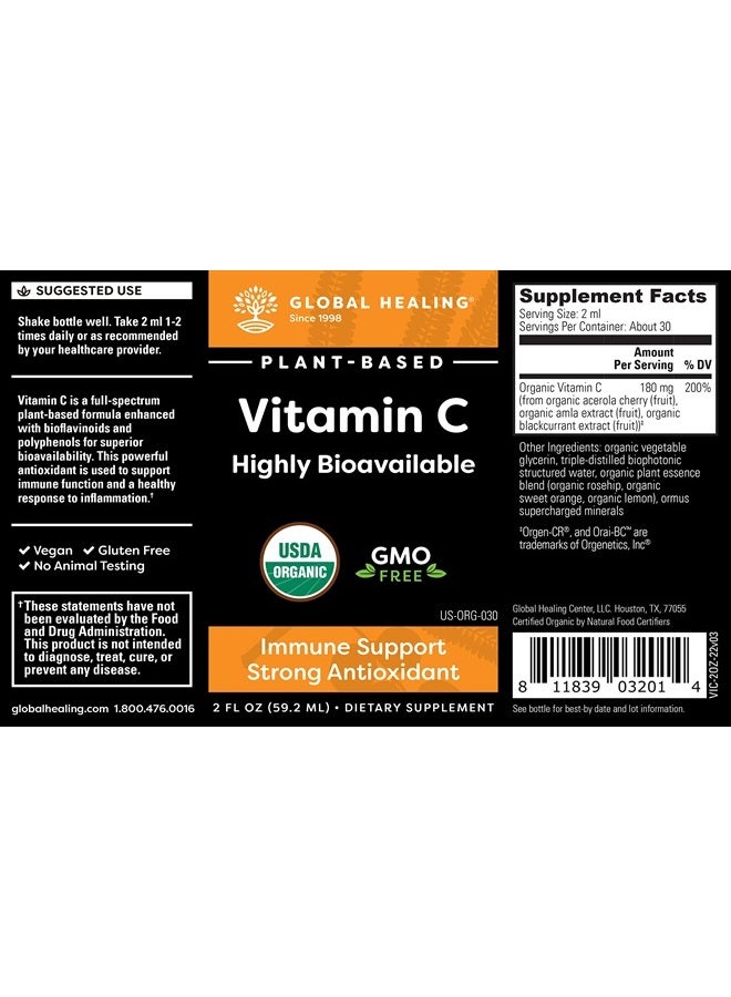 global healing center Global Healing USDA Organic Vitamin C Drops 180mg, Liquid Vitamin C Plant-Based Antioxidant Supplement, Supports Immune System, Collagen, and Natural Energy for Adults, Men and Women (2 Oz) - Image 2