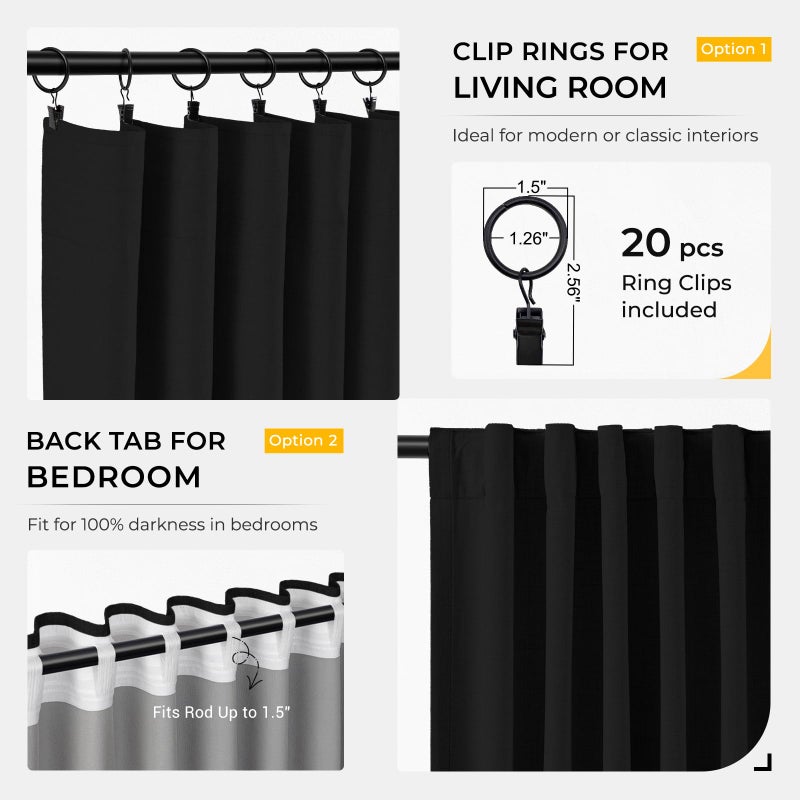INOVADAY 100% Blackout Curtains for Bedroom, Black Out Curtains 84 Inch Long, Clip Rings Linen Blackout Drapes, Thermal Insulated Room Darkening for Living Room, 2 Panels - Black,W50xL84 - Image 4