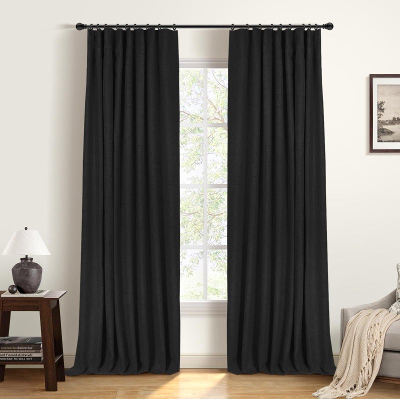 INOVADAY 100% Blackout Curtains for Bedroom, Black Out Curtains 84 Inch Long, Clip Rings Linen Blackout Drapes, Thermal Insulated Room Darkening for Living Room, 2 Panels - Black,W50xL84 - Image 2