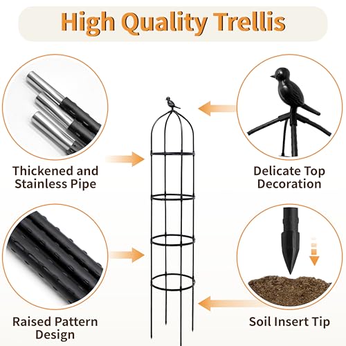 SORANGEUN 1 Pack Garden Obelisk Trellis for Climbing Plants Outdoor, 6FT Adjustable Metal Plant Support with 3 Decorative Tops, Black Rustproof Trellis for Roses, Tomatoes, Clematis & Vines - Image 3