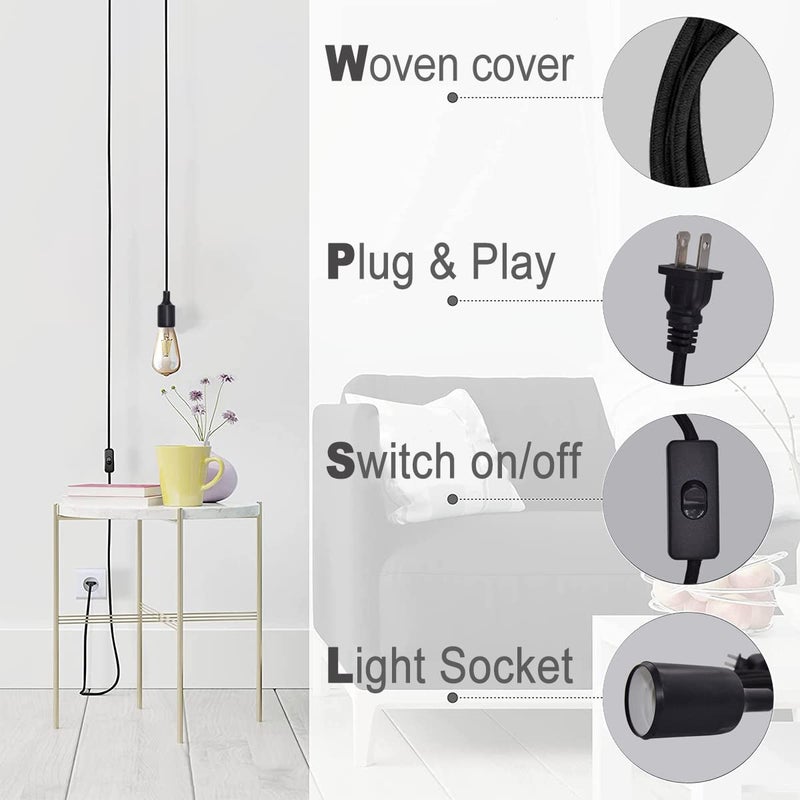 HESSION 2 Pack Plug-in Pendant Light, 16.4Ft Vintage Industrial Edison Light Socket Silica Gel E26/E27 Base, Black Round Hanging Pendant Light Cord, Hanging Lamp Extension Cable with On/Off Switch - Image 3