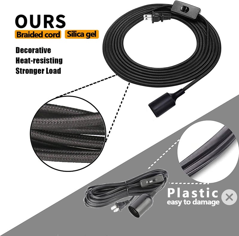 HESSION 2 Pack Plug-in Pendant Light, 16.4Ft Vintage Industrial Edison Light Socket Silica Gel E26/E27 Base, Black Round Hanging Pendant Light Cord, Hanging Lamp Extension Cable with On/Off Switch - Image 4