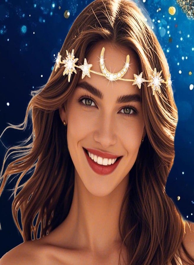 فديزاينر طوق رأس ذهبي مرصع بأحجار الراين على شكل نجمة وقمر، قطعة رأس كريستالية أنيقة لحفلات الزفاف للنساء - Image 3