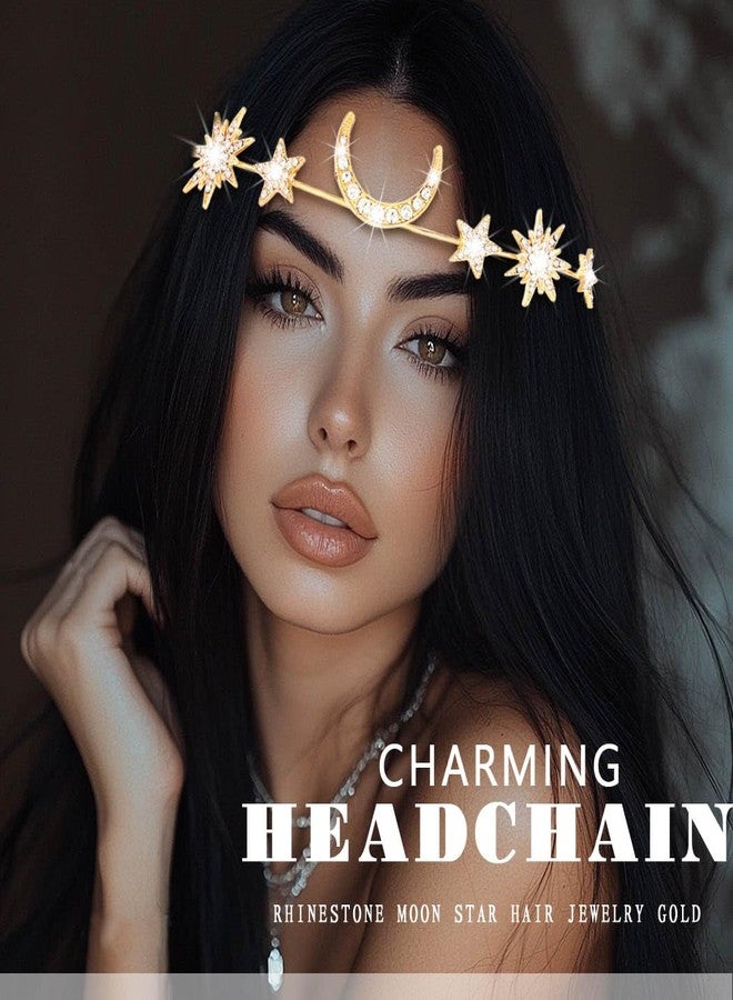 فديزاينر طوق رأس ذهبي مرصع بأحجار الراين على شكل نجمة وقمر، قطعة رأس كريستالية أنيقة لحفلات الزفاف للنساء - Image 5