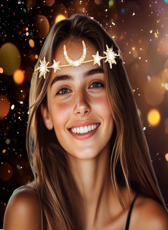 فديزاينر طوق رأس ذهبي مرصع بأحجار الراين على شكل نجمة وقمر، قطعة رأس كريستالية أنيقة لحفلات الزفاف للنساء - Image 2