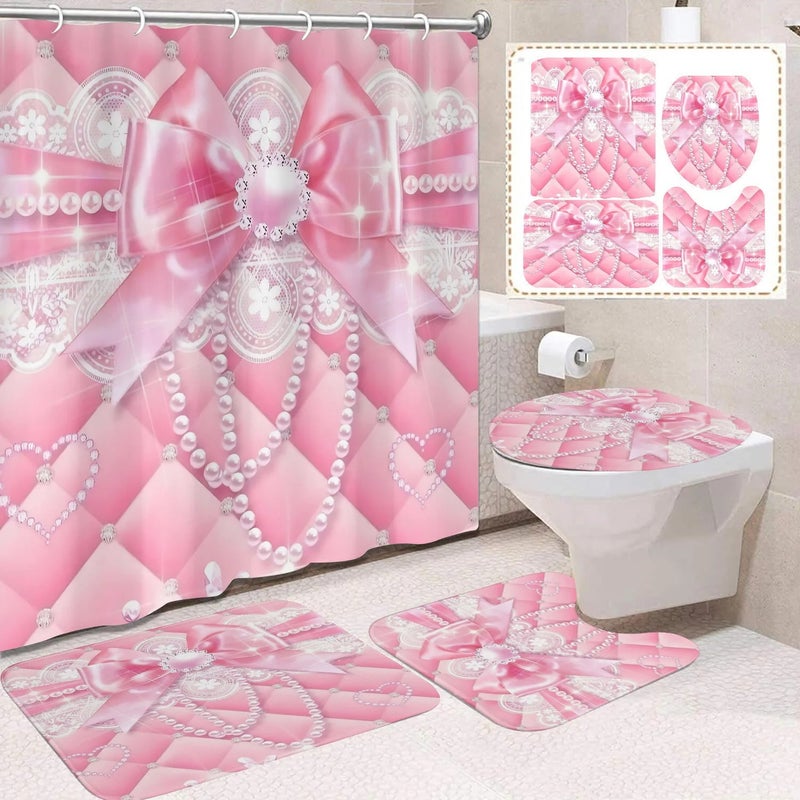 Y&D 4 Pcs Happy Valentine's Day Shower Curtain Set with Non Slip Rugs Toilet Lid Cover Bath Mat U Shaped Mat Bathroom Curtain - Image 1